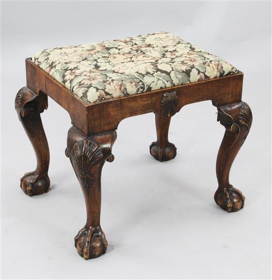 An early 18th century style mahogany dressing stool, W.1ft 11in. D.1ft 7in. H.1ft 7in.